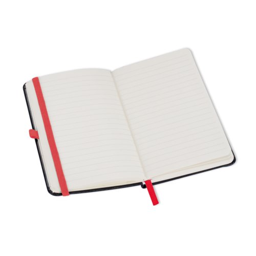 Red notebook with elastic closure and bookmark.