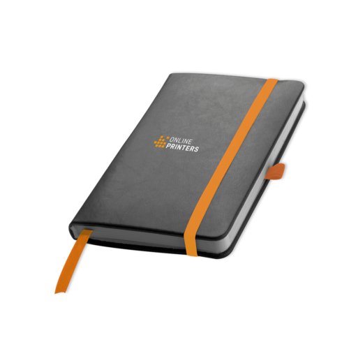 Orange notebook with elastic band and ribbon bookmark.