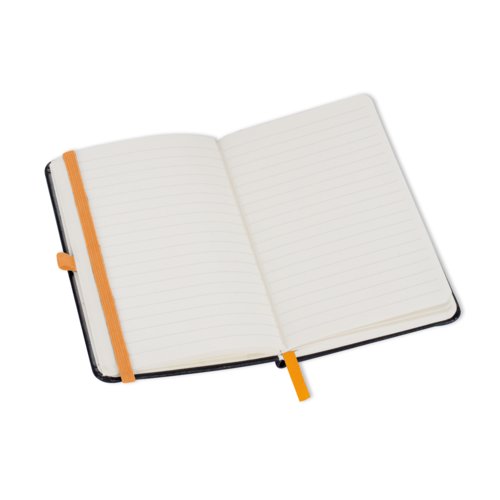 Orange notebook with elastic closure and bookmark.
