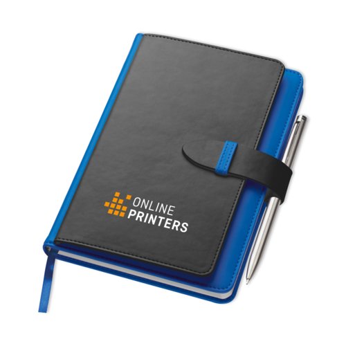 Blue notebook with closure strap and pen loop.