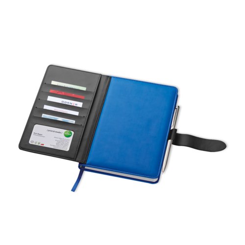 Blue notebook with cover, pen loop, business card slots and elastic band closure.