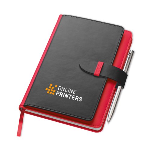 Red notebook with closure strap.