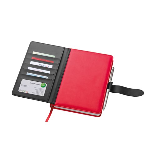 Red notebook with pockets and pen loop.