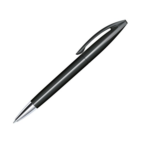 Black ballpoint pen with metal parts and twist mechanism.