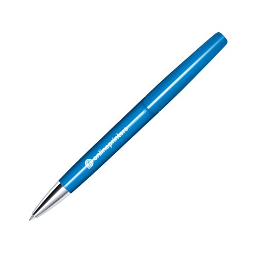 Blue ballpoint pen with metal tip and twist mechanism.