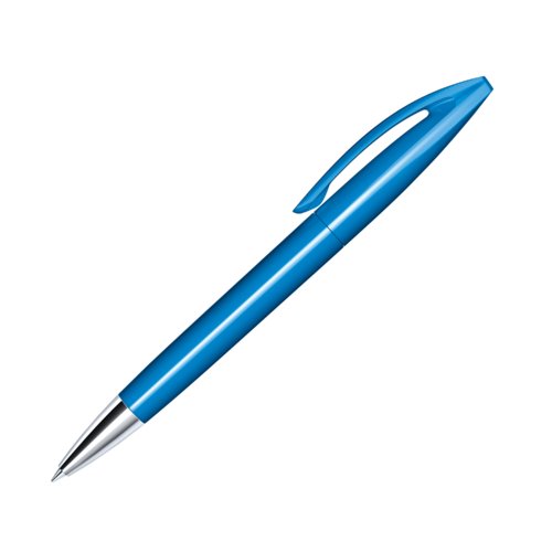 Blue plastic ballpoint pen with metal tip and clip.