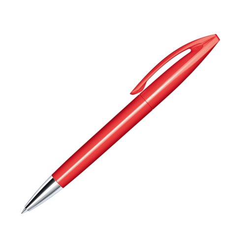 Red plastic ballpoint pen with metal elements and clip.