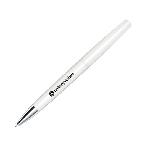 White plastic ballpoint pen with metal elements and twist mechanism.