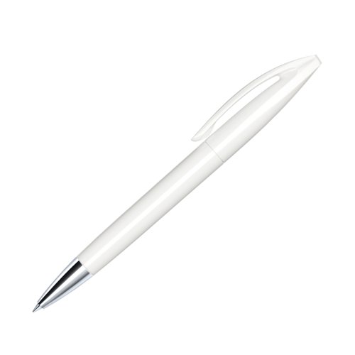 White ballpoint pen with metal shaft, clip and push mechanism.