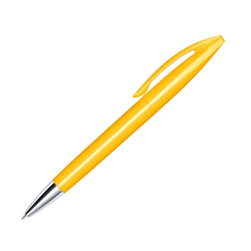 Yellow plastic ballpoint pen with metal tip and clip.