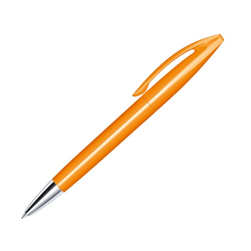 Orange twist ballpoint pen with metal elements and clip.