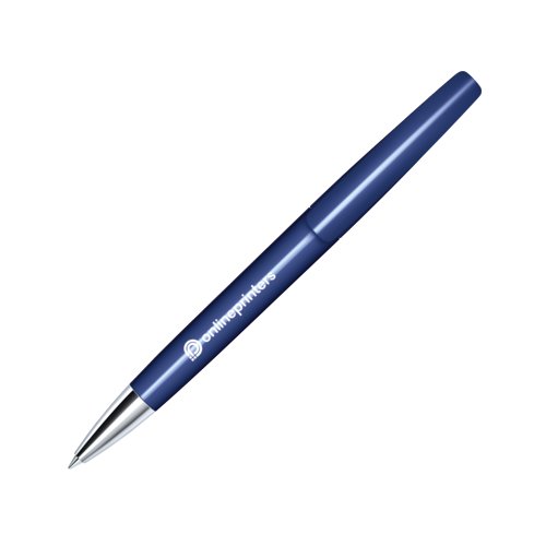 Dark blue ballpoint pen with metal elements and push button.