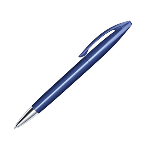 Dark blue plastic ballpoint pen with metal tip and clip.