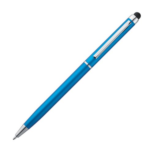 Light blue metal ballpoint pen with touch function and clip.