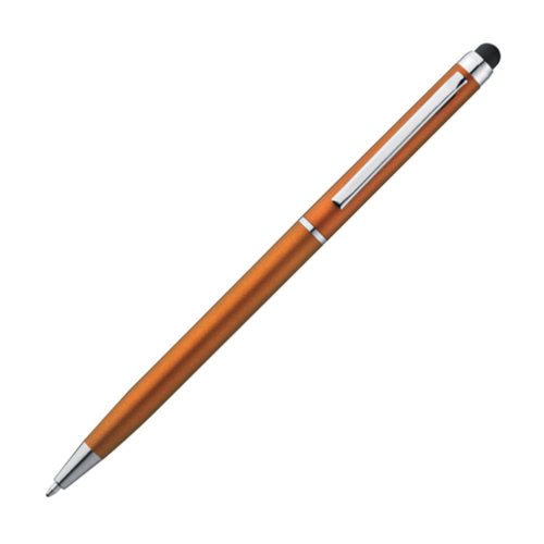 Orange metal ballpoint pen with touch function and clip.