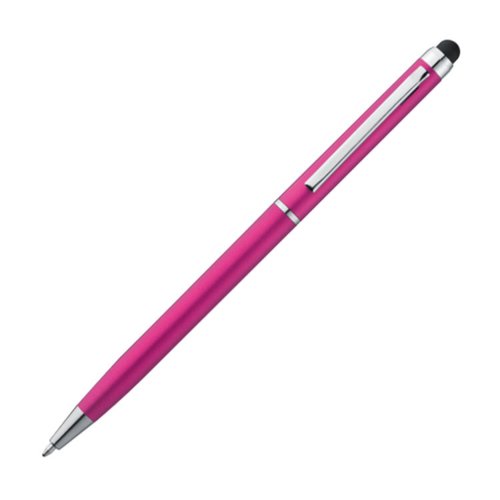 Pink metal ballpoint pen with touch function and clip.
