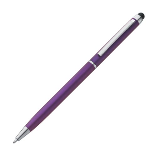 Purple metal ballpoint pen with touch function and clip.