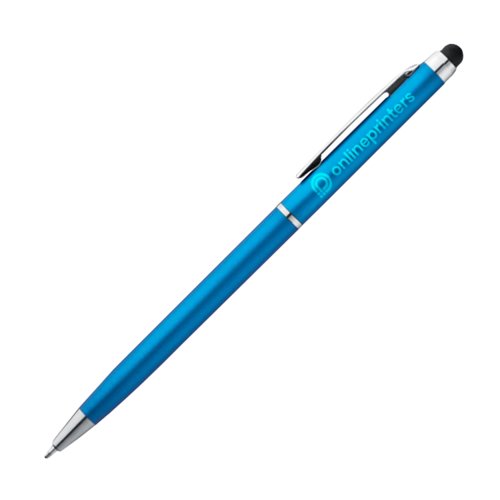 Light blue metal ballpoint pen with touch function and clip.