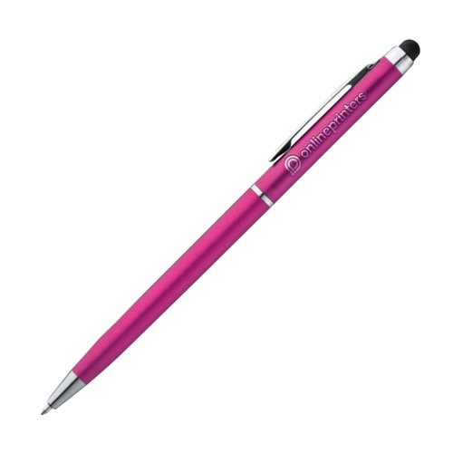 Pink metal ballpoint pen with touch function and clip.