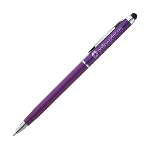 Violet metal ballpoint pen with touch function and clip.