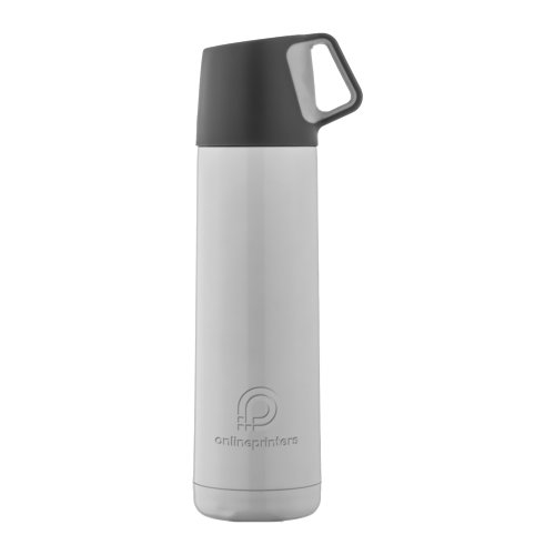White stainless steel thermal bottle with screw cap.