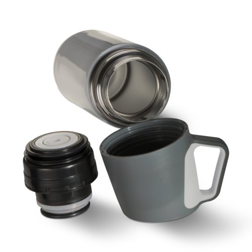 Gray metal insulated bottle with a detachable cup.