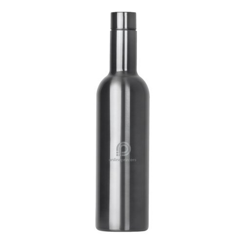 Gray metal thermos bottle with screw cap.