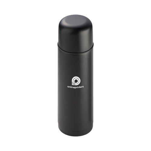 Black metal thermos flask with screw cap.