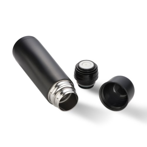 Black stainless steel thermos with screw cap.