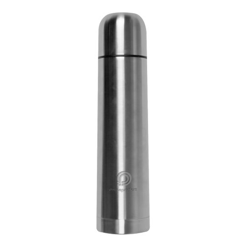 Silver stainless steel thermal flask with screw cap.