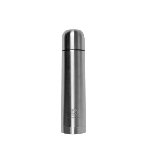 Gray stainless steel insulated bottle with screw cap.