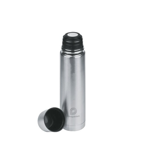 Silver stainless steel insulated bottle with screw cap.