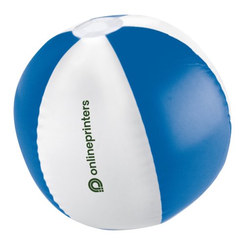 Blue plastic beach ball with multicoloured design.