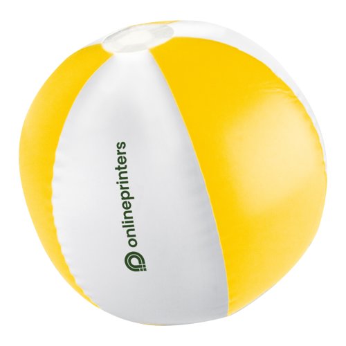 Yellow plastic beach ball, two-tone.
