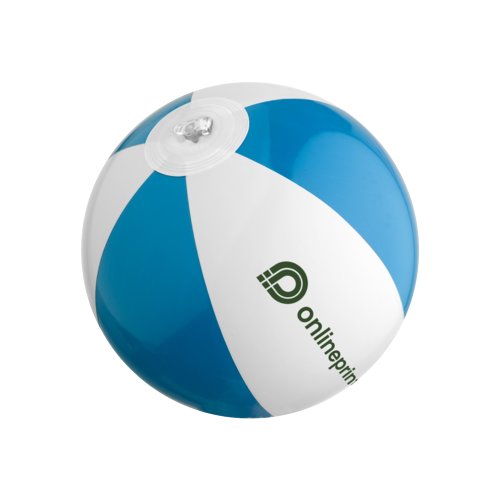 Blue plastic beach ball with air valve.