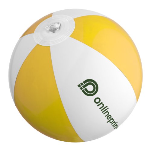 Yellow plastic beach ball with inflatable valve.