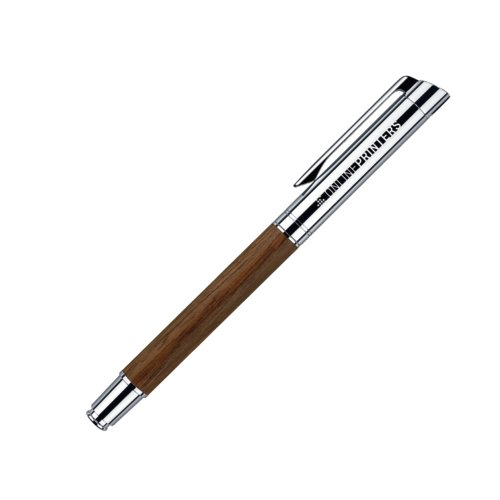 Brown wooden shaft fountain pen with cap and metal clip.