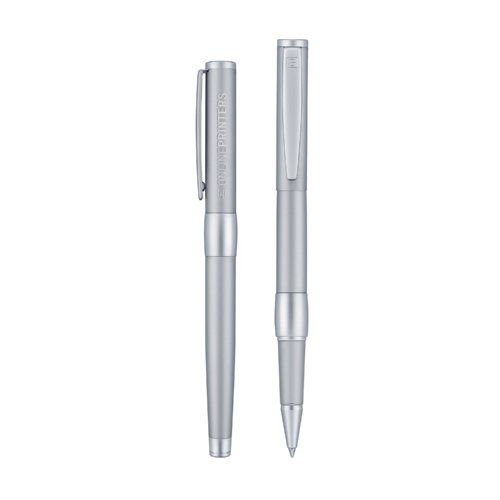 Silver metal rollerball pen with cap and clip.