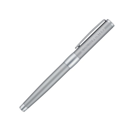 Chrome metal rollerball pen with cap and clip.