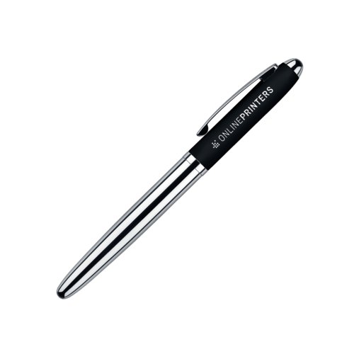 Black plastic rollerball pen with metal elements and soft touch.