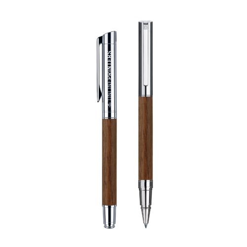 Silver-colored rollerball pen with cap.