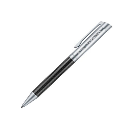 Metal ballpoint pen with carbon elements and clip.