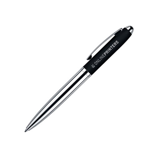 Black twist ballpoint pen with metal elements and soft-touch finish.