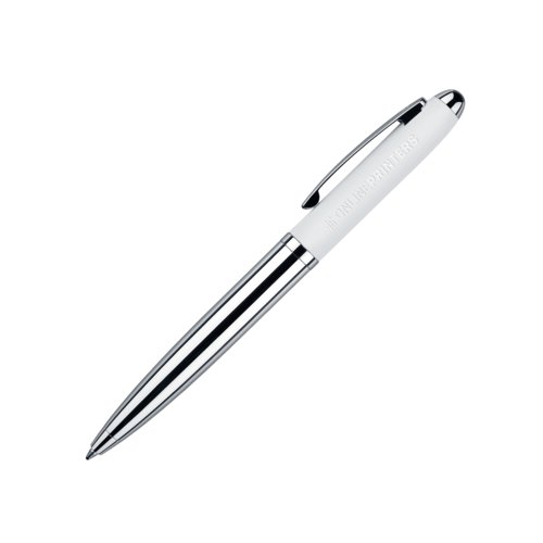 White twist ballpoint pen with soft-touch surface and clip.