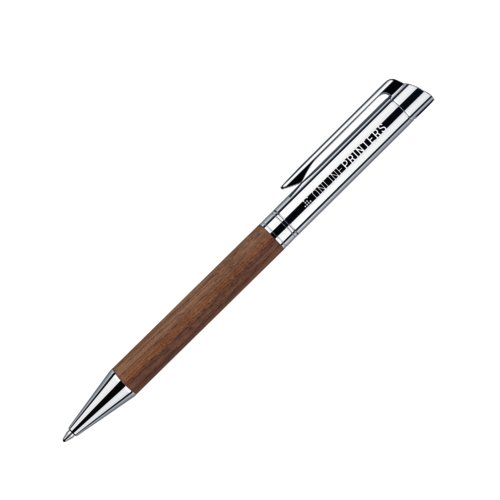 Wooden ballpoint pen with twist mechanism and metal clip.
