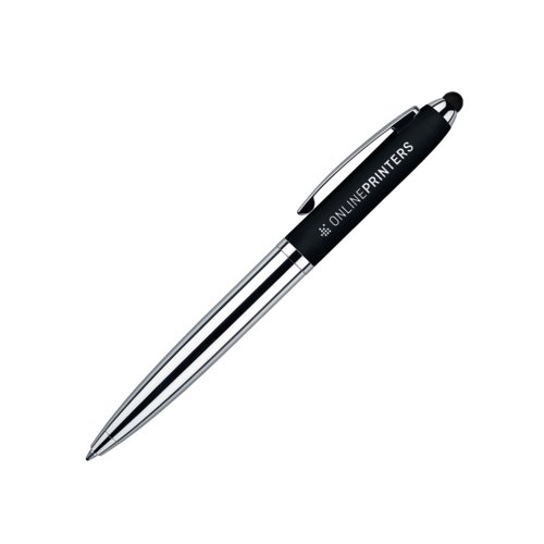 Black metal ballpoint pen with touchpad and twist mechanism.