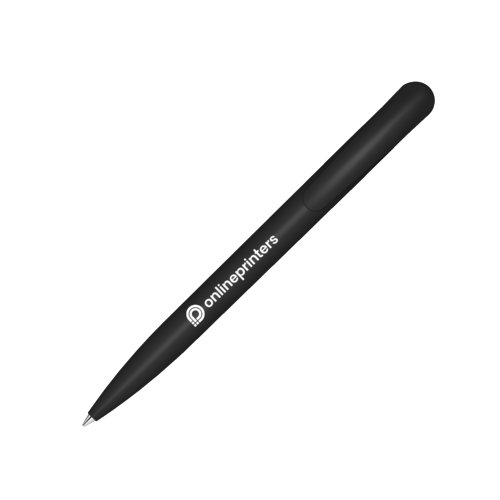 Black plastic ballpoint pen with push mechanism and metal elements.
