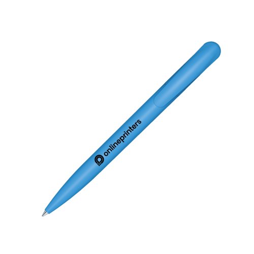 Blue plastic ballpoint pen with clip and push mechanism.