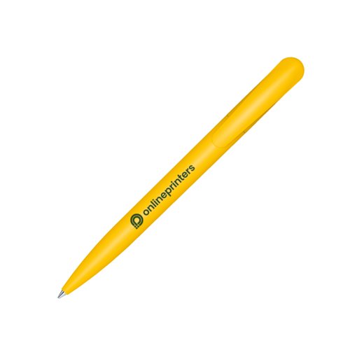 Yellow plastic ballpoint pen with clip and push mechanism.