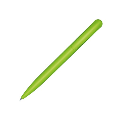 Green bioplastic ballpoint pen with clip and push mechanism.